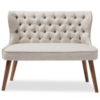 Baxton Studio BBT8017-LS-Beige-H1217-3 Scarlett Mid-Century Modern Brown Wood Button-Tufting with Nail Heads Trim 2-Seater Loveseat Settee